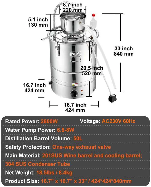 Alt view image 14 of 14 - VEVOR Alcohol Still, 15 Gal 50L Water Alcohol Distiller, Home Distillery Kit include Stainless Steel Tube & Pump & One-way Exhaust Valve & Thermometer (30-120 ) for DIY Whisky Wine Brandy, Silver