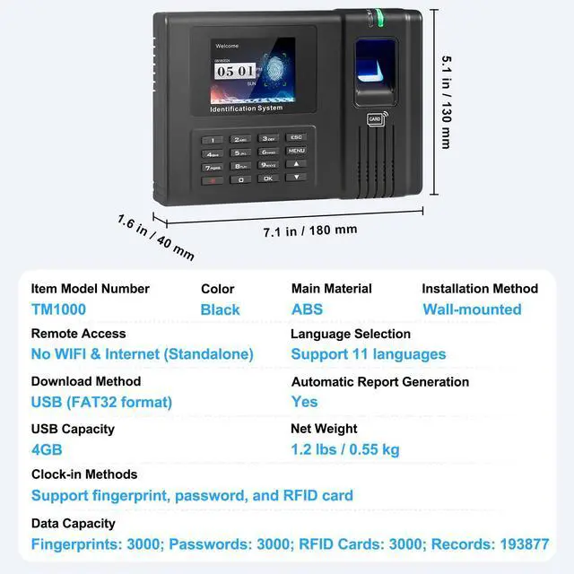 Alt view image 14 of 14 - VEVOR Time Clock, Employee Attendance Machine with Fingerprint, RFID and PIN Punching in One, Standalone Biometric Clock in Machine for Employees Small Business with 5 RFID Cards & No Monthly Fees