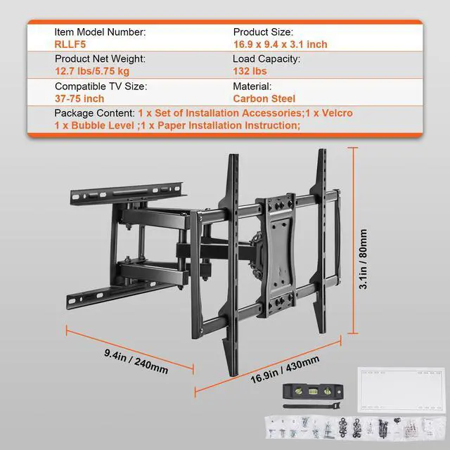 Alt view image 14 of 14 - VEVOR Full Motion TV Mount Fits for Most 37-75 inch TVs, Swivel Tilt Horizontal Adjustment TV Wall Mount Bracket with 4 Articulating Arms, Max VESA 600x400mm, Holds up to 132 lbs