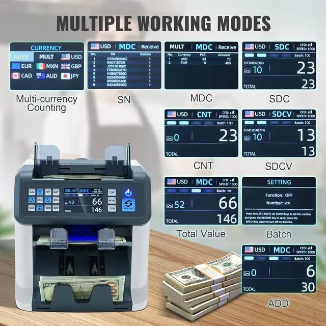 Alt view image 4 of 8 - VEVOR Money Counter Machine, Bill Counter with Mixed Denomination, 2CIS, SN, UV, IR, MG, DD Counterfeit Detection, Multi Currency, Value Counting Cash Counter and Sorter, Printer Enabled