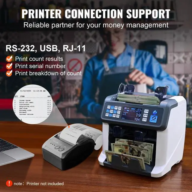 Alt view image 7 of 8 - VEVOR Money Counter Machine, Bill Counter with Mixed Denomination, 2CIS, SN, UV, IR, MG, DD Counterfeit Detection, Multi Currency, Value Counting Cash Counter and Sorter, Printer Enabled