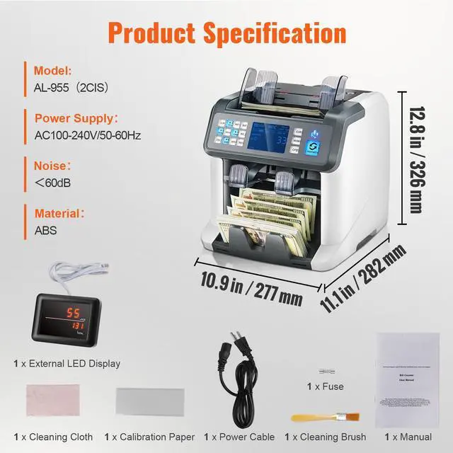 Alt view image 8 of 8 - VEVOR Money Counter Machine, Bill Counter with Mixed Denomination, 2CIS, SN, UV, IR, MG, DD Counterfeit Detection, Multi Currency, Value Counting Cash Counter and Sorter, Printer Enabled