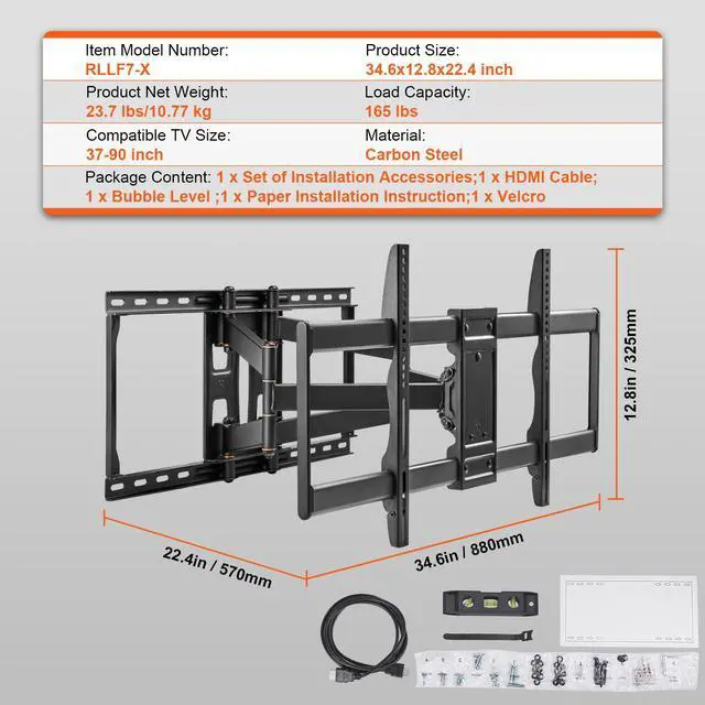 Alt view image 14 of 14 - VEVOR Full Motion TV Mount Fits for Most 37-90 inch TVs, Swivel Tilt Horizontal Adjustment TV Wall Mount Bracket with 4 Articulating Arms, Max VESA 600x400mm, Holds up to 165 lbs