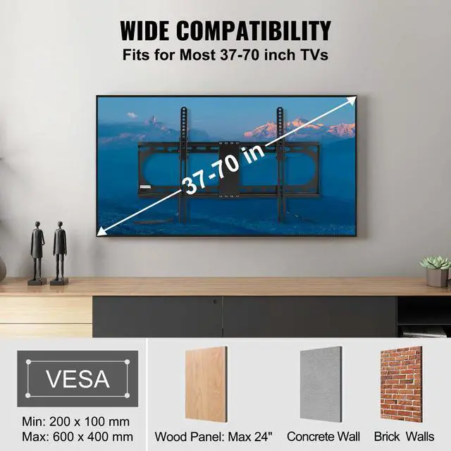 Alt view image 13 of 14 - VEVOR Universal TV Wall Mount, Low Profile TV Mount Fits for Most 37-70 inch TVs, Tilt Wall Mount TV Brackets, Max VESA 600x400mm, Holds up to 132 lbs