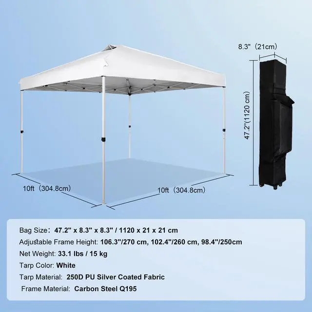 Alt view image 15 of 15 - VEVOR Pop Up Canopy Tent, 10 x 10 ft, 250 D PU Silver Coated Tarp, with Portable Roller Bag and 4 Sandbags, Waterproof and Sun Shelter Gazebo for Outdoor Party, Camping, Commercial Events, White