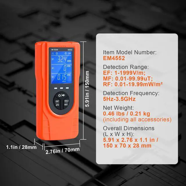 Alt view image 14 of 14 - VEVOR 3-in-1 EMF Meter, 5Hz - 3.5GHz, Handheld Rechargeable Electromagnetic Field Radiation Detector, Digital LCD EMF Tester for EF MF RF Home Inspections Outdoor Ghost Hunting Paranormal Equipment