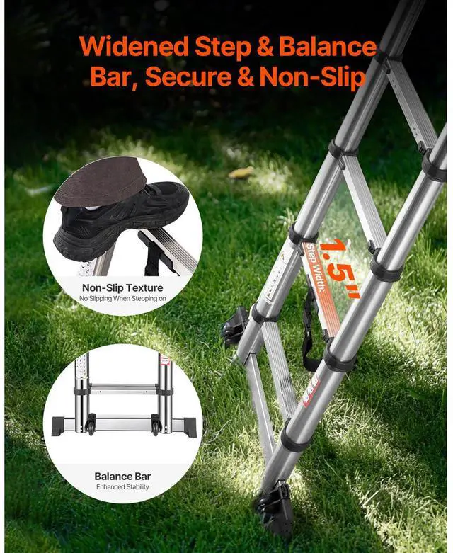Alt view image 4 of 8 - VEVOR Telescoping Ladder A Frame, 16.5ft Stainless Steel Extension Ladder, Multi-Button Retraction Portable Collapsible RV Ladders, 330LBS Load Telescopic Ladders with Balance Bar for Home, RV, Loft
