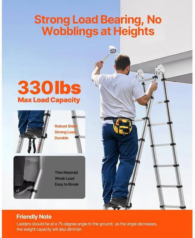 Alt view image 3 of 8 - VEVOR Telescoping Ladder A Frame, 16.5ft Stainless Steel Extension Ladder, Multi-Button Retraction Portable Collapsible RV Ladders, 330LBS Load Telescopic Ladders with Balance Bar for Home, RV, Loft