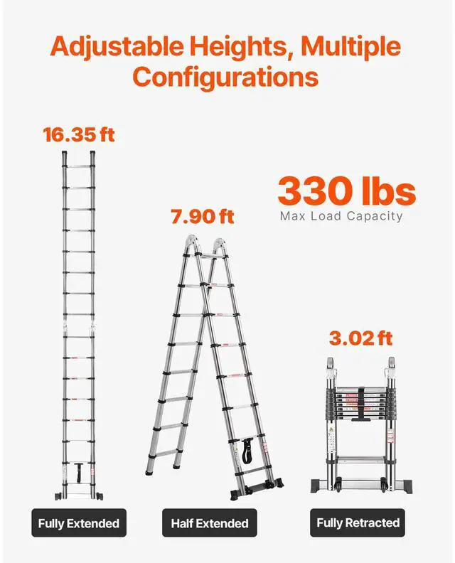 Alt view image 7 of 8 - VEVOR Telescoping Ladder A Frame, 16.5ft Stainless Steel Extension Ladder, Multi-Button Retraction Portable Collapsible RV Ladders, 330LBS Load Telescopic Ladders with Balance Bar for Home, RV, Loft