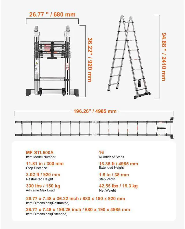 Alt view image 8 of 8 - VEVOR Telescoping Ladder A Frame, 16.5ft Stainless Steel Extension Ladder, Multi-Button Retraction Portable Collapsible RV Ladders, 330LBS Load Telescopic Ladders with Balance Bar for Home, RV, Loft