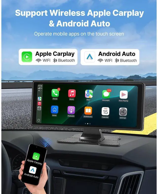 Alt view image 3 of 8 - VEVOR Wireless Car Stereo, 10-Inch HD Portable Radio Touch Screen with Apple CarPlay and Android Auto, CarPlay Screen with Front & Backup Cameras, Voice Control, Mirror Link, Bluetooth, GPS Navigation