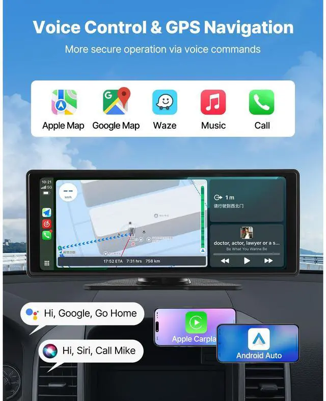 Alt view image 4 of 8 - VEVOR Wireless Car Stereo, 10-Inch HD Portable Radio Touch Screen with Apple CarPlay and Android Auto, CarPlay Screen with Front & Backup Cameras, Voice Control, Mirror Link, Bluetooth, GPS Navigation