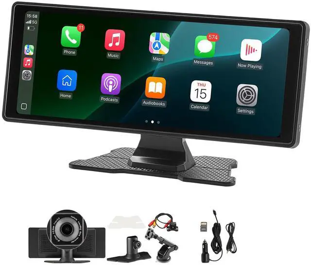 Alt view image 2 of 8 - VEVOR Wireless Car Stereo, 10-Inch HD Portable Radio Touch Screen with Apple CarPlay and Android Auto, CarPlay Screen with Front & Backup Cameras, Voice Control, Mirror Link, Bluetooth, GPS Navigation