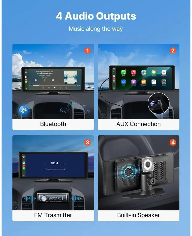 Alt view image 6 of 8 - VEVOR Wireless Car Stereo, 10-Inch HD Portable Radio Touch Screen with Apple CarPlay and Android Auto, CarPlay Screen with Front & Backup Cameras, Voice Control, Mirror Link, Bluetooth, GPS Navigation