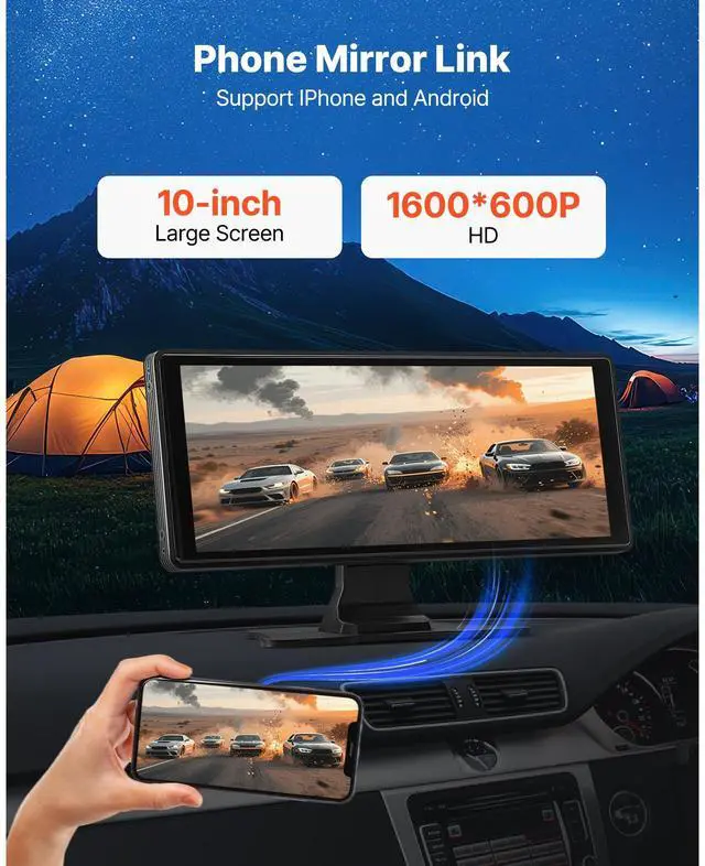 Alt view image 7 of 8 - VEVOR Wireless Car Stereo, 10-Inch HD Portable Radio Touch Screen with Apple CarPlay and Android Auto, CarPlay Screen with Front & Backup Cameras, Voice Control, Mirror Link, Bluetooth, GPS Navigation