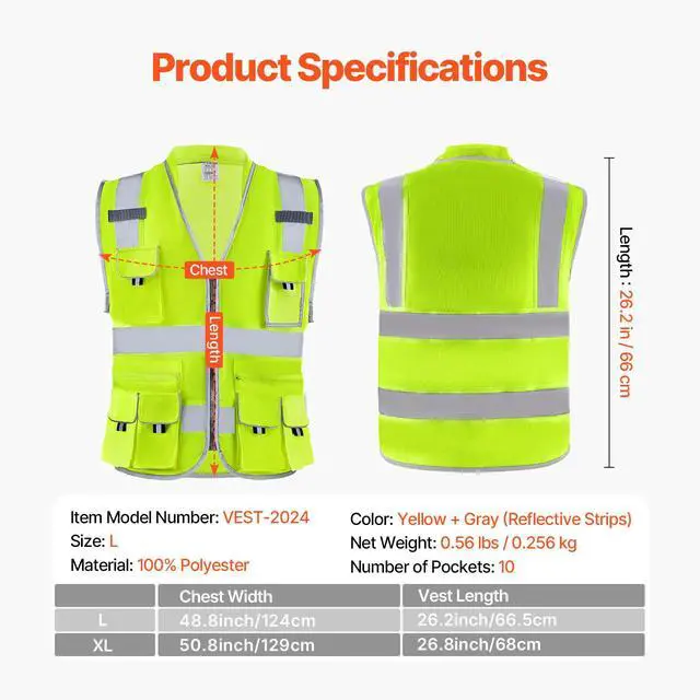 Alt view image 14 of 14 - VEVOR Safety Vest Reflective Yellow Work Vest with 10 Pockets for Men & Women