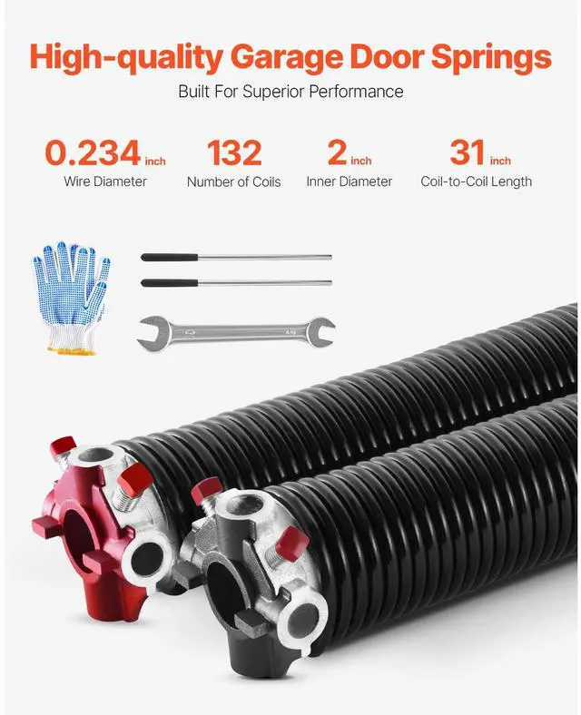Alt view image 3 of 8 - VEVOR Garage Door Torsion Springs, Pair of 0.234 x 2 x 31 in, 16000 Cycles, Electrophoresis Black Coated for Replacement, Garage Door Springs with Non-Slip Winding Bars, Gloves and Mounting Wrench
