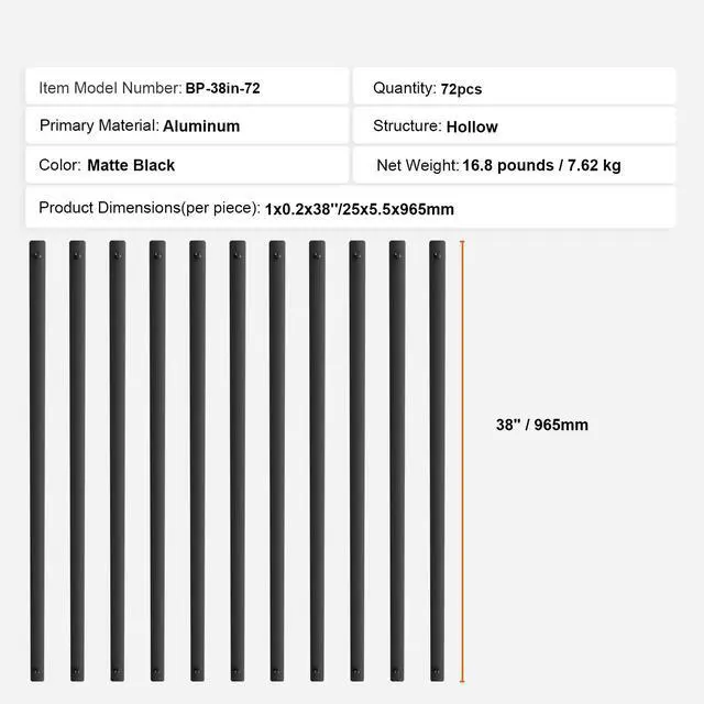 Alt view image 14 of 14 - VEVOR Staircase Metal Balusters, 38'' x 1'' Flat Aluminum Alloy Decorative Banister Spindles, 72 Pack Deck Baluster with Screws, Classic Hollow Deck Railing Satin Black Powder Coated for Porch