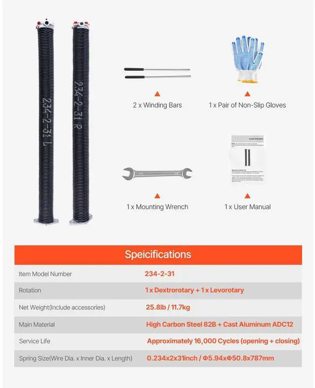 Alt view image 8 of 8 - VEVOR Garage Door Torsion Springs, Pair of 0.234 x 2 x 31 in, 16000 Cycles, Electrophoresis Black Coated for Replacement, Garage Door Springs with Non-Slip Winding Bars, Gloves and Mounting Wrench