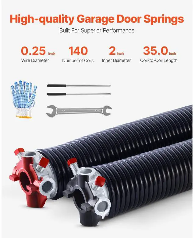Alt view image 3 of 8 - VEVOR Garage Door Torsion Springs, Pair of 0.250 x 2 x 35 in, 16000 Cycles, Electrophoresis Black Coated for Replacement, Garage Door Springs with Non-Slip Winding Bars, Gloves and Mounting Wrench