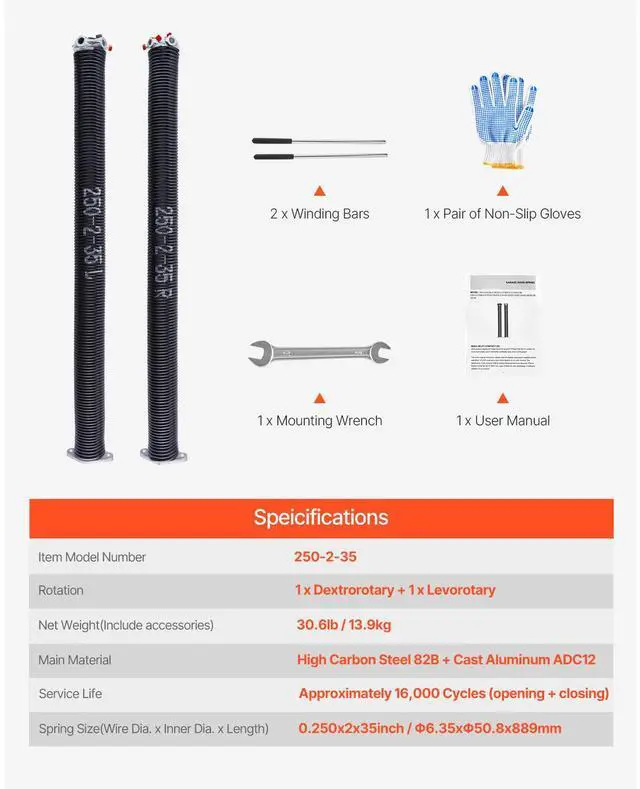 Alt view image 8 of 8 - VEVOR Garage Door Torsion Springs, Pair of 0.250 x 2 x 35 in, 16000 Cycles, Electrophoresis Black Coated for Replacement, Garage Door Springs with Non-Slip Winding Bars, Gloves and Mounting Wrench