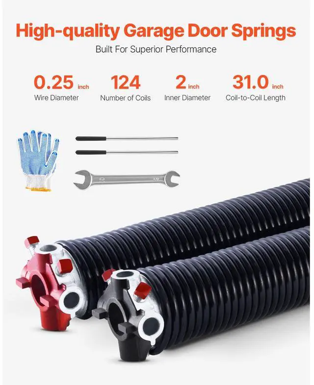 Alt view image 3 of 8 - VEVOR Garage Door Torsion Springs, Pair of 0.25 x 2 x 31 in, 16000 Cycles, Electrophoresis Black Coated for Replacement, Garage Door Springs with Non-Slip Winding Bars, Gloves and Mounting Wrench