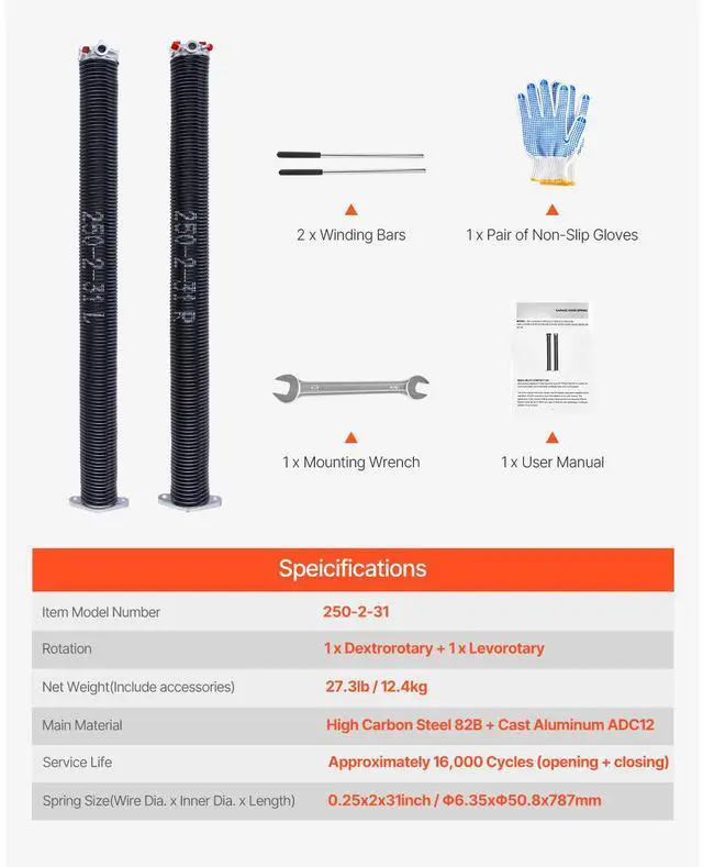 Alt view image 8 of 8 - VEVOR Garage Door Torsion Springs, Pair of 0.25 x 2 x 31 in, 16000 Cycles, Electrophoresis Black Coated for Replacement, Garage Door Springs with Non-Slip Winding Bars, Gloves and Mounting Wrench