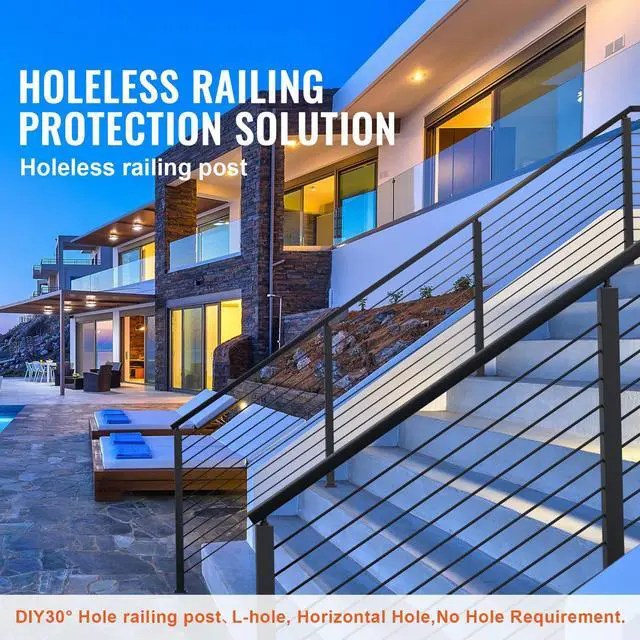 Alt view image 9 of 14 - VEVOR Cable Railing Post, 36" x 2" x 2" Steel Level Deck Railing Post Without Holes, SUS304 Stainless Steel Cable Rail Post, Stair Handrail Post with Horizontal and Curved Bracket, 1-Pack, Black