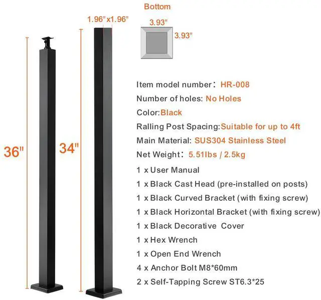 Alt view image 14 of 14 - VEVOR Cable Railing Post, 36" x 2" x 2" Steel Level Deck Railing Post Without Holes, SUS304 Stainless Steel Cable Rail Post, Stair Handrail Post with Horizontal and Curved Bracket, 1-Pack, Black