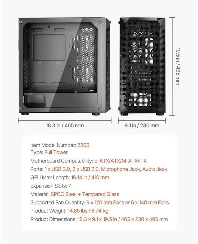 Alt view image 14 of 14 - PC Case Full-Tower Gaming Computer Case with 3 PWM Fans for E-ATX Motherboard