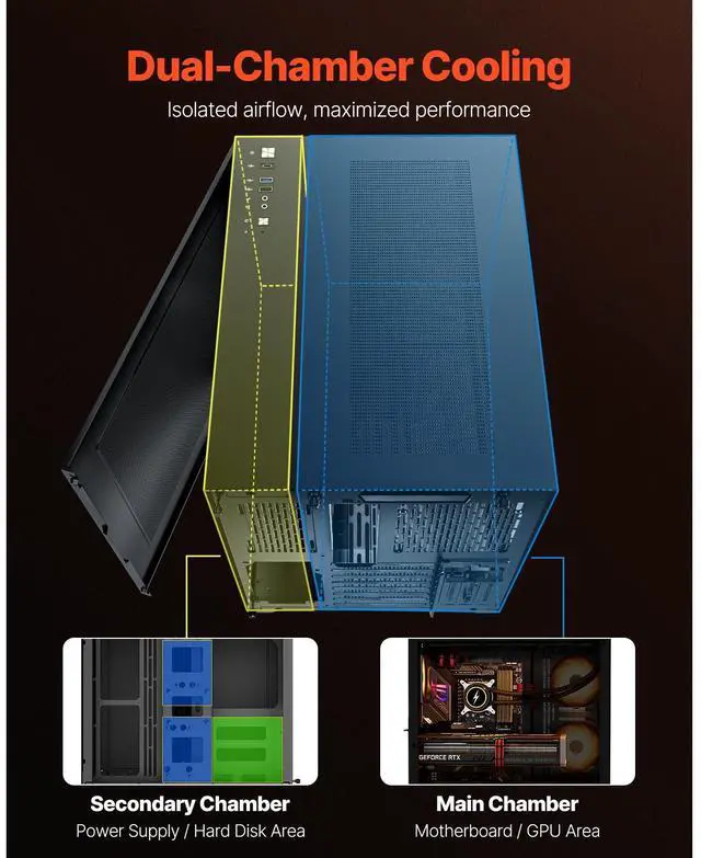 Alt view image 9 of 14 - Mid-Tower PC Case Dual Chamber Gaming Computer Case for ATX Motherboard No Fan