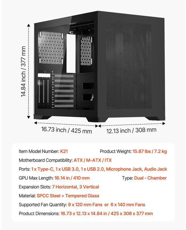 Alt view image 14 of 14 - Mid-Tower PC Case Dual Chamber Gaming Computer Case for ATX Motherboard No Fan