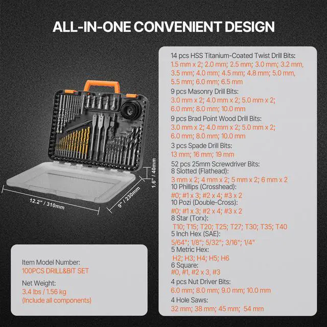 Alt view image 9 of 9 - VEVOR Drill Bit Set 100PCS Screwdriver Bit Set with Carrying Case Multi-purpose