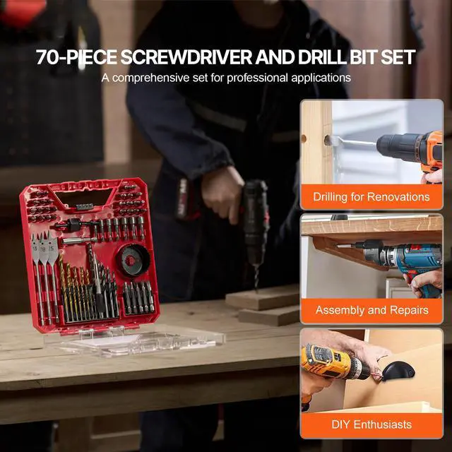 Alt view image 3 of 8 - VEVOR Drill Bit Set, 70 Pieces Drill and Driver Bit Set, Screwdriver Bit Set Suitable for Wood Metal Cement Drilling and Screw Driving, Drill Bit Sets Combo Kit Assorted in Organized Carrying Case