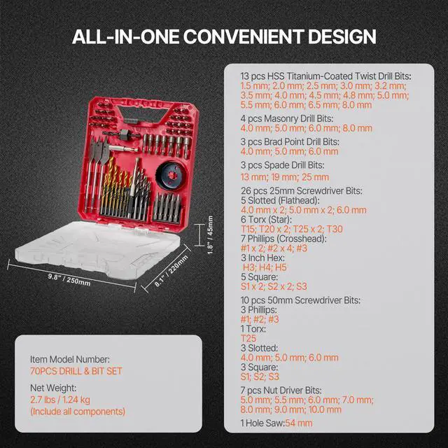 Alt view image 8 of 8 - VEVOR Drill Bit Set, 70 Pieces Drill and Driver Bit Set, Screwdriver Bit Set Suitable for Wood Metal Cement Drilling and Screw Driving, Drill Bit Sets Combo Kit Assorted in Organized Carrying Case