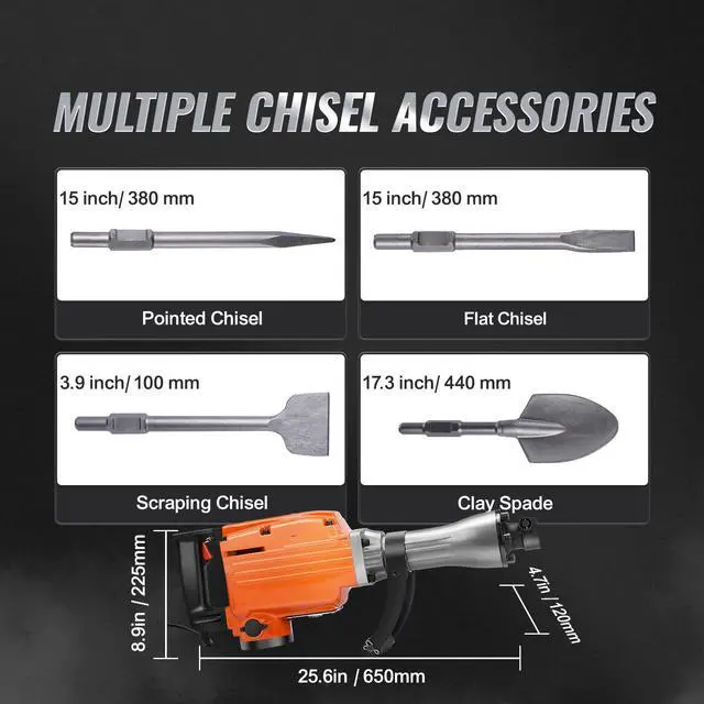 Alt view image 15 of 15 - VEVOR Demolition Jack Hammer Concrete Breaker 2200W Electric Hammer 4 Chisel Bits