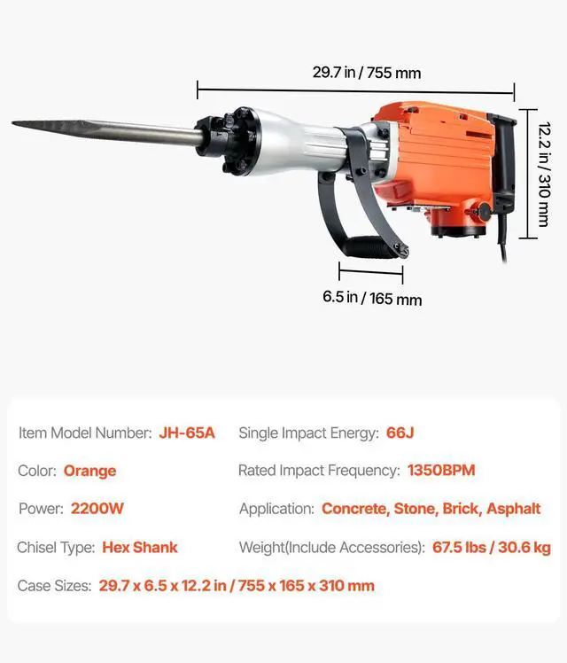 Alt view image 15 of 15 - VEVOR Demolition Jack Hammer Concrete Breaker 2200W Electric Hammer 6 Chisel Bits
