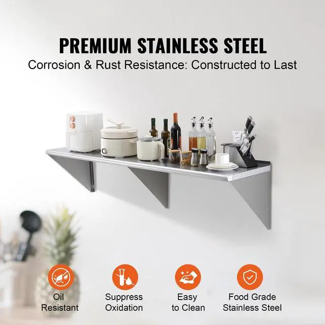 Alt view image 4 of 9 - VEVOR 18" x 72" Stainless Steel Shelf, Wall Mounted Floating Shelving with Brackets, 500 lbs Load Capacity Commercial Shelves, Heavy Duty Storage Rack for Restaurant, Kitchen, Bar, Home, and Hotel