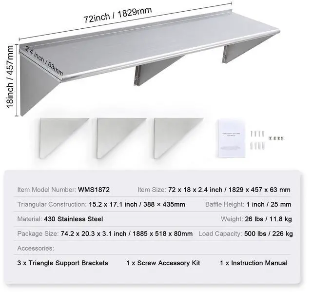 Alt view image 9 of 9 - VEVOR 18" x 72" Stainless Steel Shelf, Wall Mounted Floating Shelving with Brackets, 500 lbs Load Capacity Commercial Shelves, Heavy Duty Storage Rack for Restaurant, Kitchen, Bar, Home, and Hotel