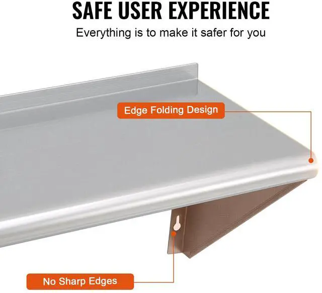 Alt view image 6 of 9 - VEVOR 18" x 72" Stainless Steel Shelf, Wall Mounted Floating Shelving with Brackets, 500 lbs Load Capacity Commercial Shelves, Heavy Duty Storage Rack for Restaurant, Kitchen, Bar, Home, and Hotel