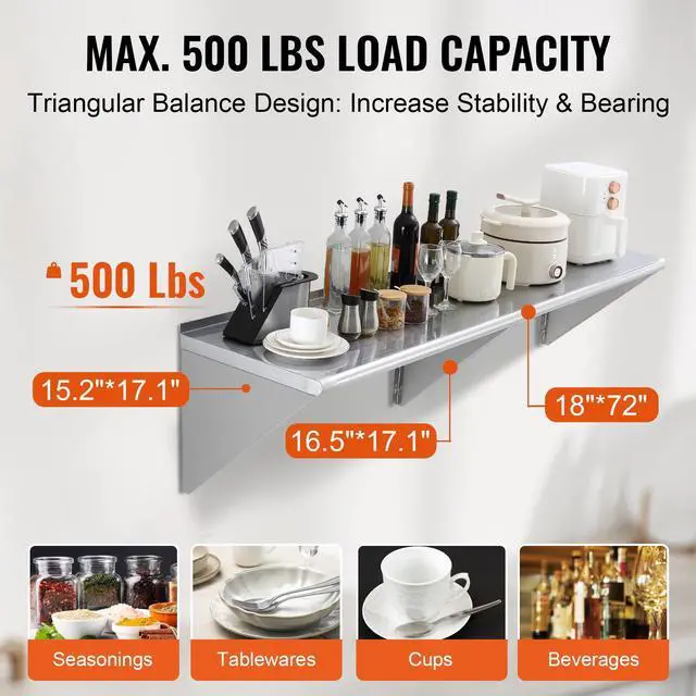 Alt view image 5 of 9 - VEVOR 18" x 72" Stainless Steel Shelf, Wall Mounted Floating Shelving with Brackets, 500 lbs Load Capacity Commercial Shelves, Heavy Duty Storage Rack for Restaurant, Kitchen, Bar, Home, and Hotel
