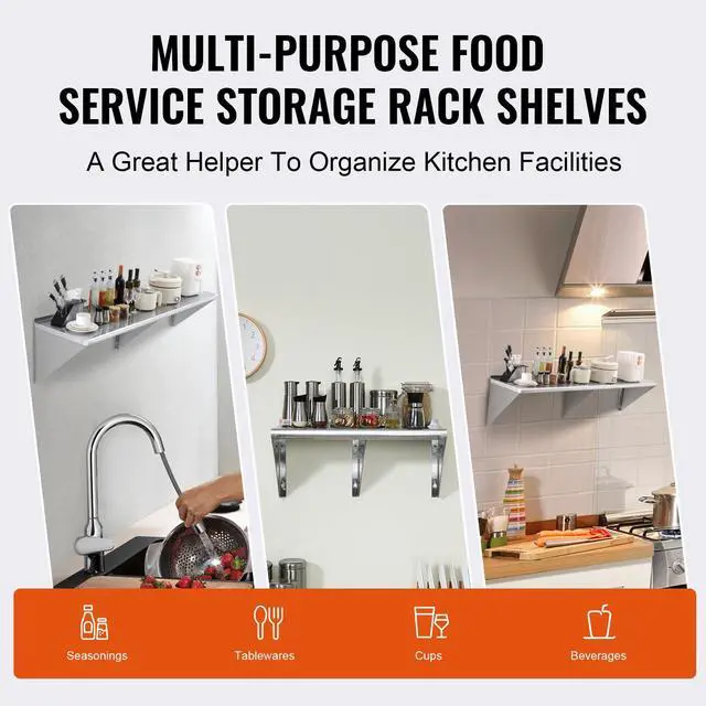 Alt view image 8 of 9 - VEVOR 18" x 72" Stainless Steel Shelf, Wall Mounted Floating Shelving with Brackets, 500 lbs Load Capacity Commercial Shelves, Heavy Duty Storage Rack for Restaurant, Kitchen, Bar, Home, and Hotel