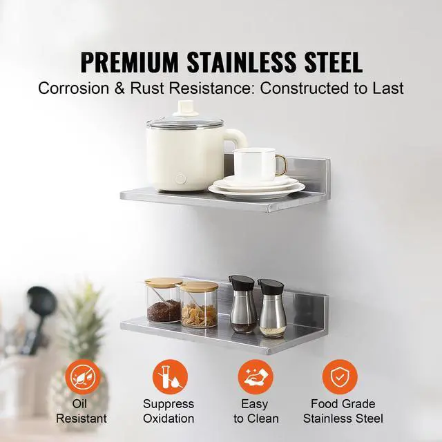 Alt view image 9 of 14 - VEVOR 8.6" x 16" Stainless Steel Shelf, Wall Mounted Floating Shelving with Backsplash, 44 lbs Load Capacity Commercial Shelves, Heavy Duty Storage Rack for Restaurant, Kitchen, Bar, Home, and Hotel