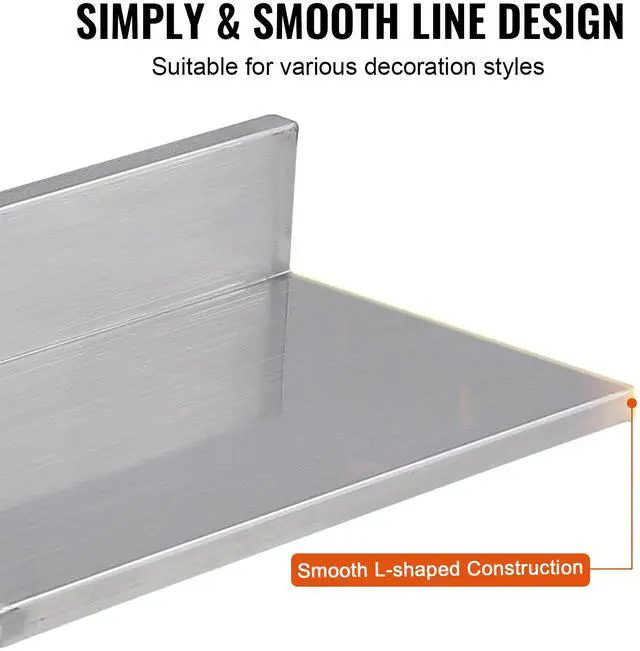 Alt view image 11 of 14 - VEVOR 8.6" x 16" Stainless Steel Shelf, Wall Mounted Floating Shelving with Backsplash, 44 lbs Load Capacity Commercial Shelves, Heavy Duty Storage Rack for Restaurant, Kitchen, Bar, Home, and Hotel