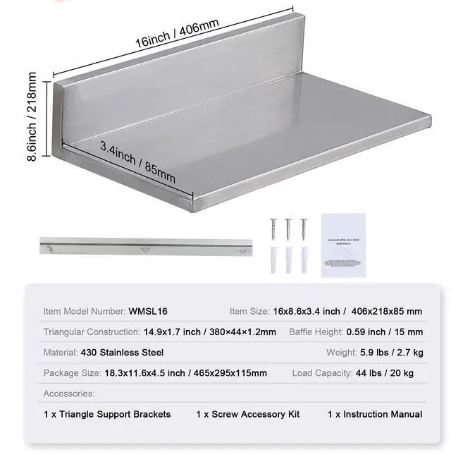 Alt view image 14 of 14 - VEVOR 8.6" x 16" Stainless Steel Shelf, Wall Mounted Floating Shelving with Backsplash, 44 lbs Load Capacity Commercial Shelves, Heavy Duty Storage Rack for Restaurant, Kitchen, Bar, Home, and Hotel