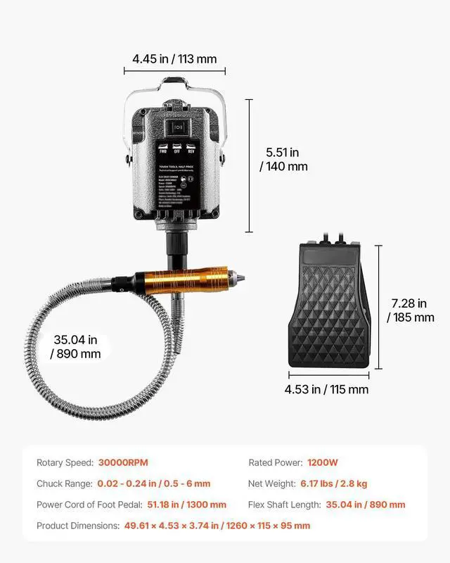 Alt view image 8 of 8 - VEVOR Flex Shaft Grinder, 1200W 30,000RPM Electric Flex Shaft Rotary Tool Carver, Multi-functional Hanging Grinding Machine with 31PCS Accessories & Foot Pedal for Carving Buffing Drilling Polishing