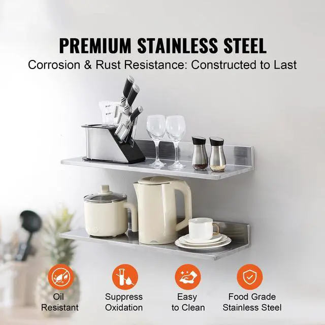 Alt view image 9 of 14 - VEVOR 8.6" x 30" Stainless Steel Shelf, Wall Mounted Floating Shelving with Backsplash, 44 lbs Load Capacity Commercial Shelves, Heavy Duty Storage Rack for Restaurant, Kitchen, Bar, Home, and Hotel