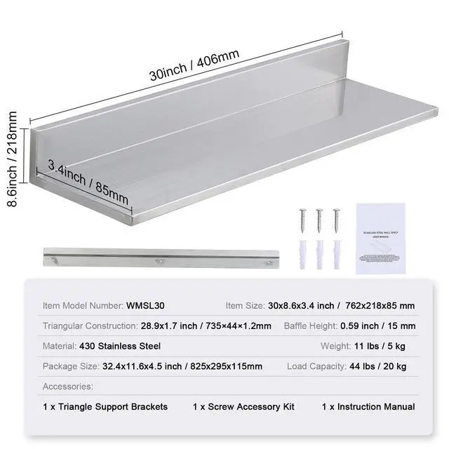 Alt view image 14 of 14 - VEVOR 8.6" x 30" Stainless Steel Shelf, Wall Mounted Floating Shelving with Backsplash, 44 lbs Load Capacity Commercial Shelves, Heavy Duty Storage Rack for Restaurant, Kitchen, Bar, Home, and Hotel