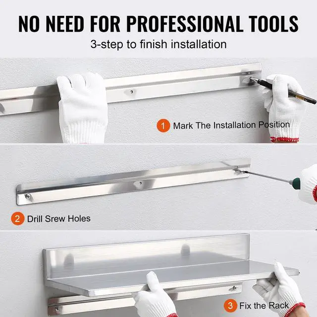 Alt view image 12 of 14 - VEVOR 8.6" x 30" Stainless Steel Shelf, Wall Mounted Floating Shelving with Backsplash, 44 lbs Load Capacity Commercial Shelves, Heavy Duty Storage Rack for Restaurant, Kitchen, Bar, Home, and Hotel