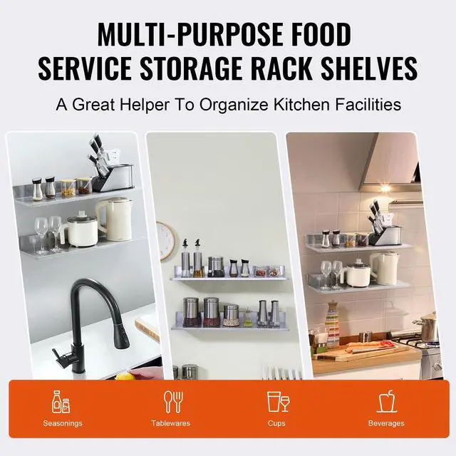Alt view image 13 of 14 - VEVOR 8.6" x 30" Stainless Steel Shelf, Wall Mounted Floating Shelving with Backsplash, 44 lbs Load Capacity Commercial Shelves, Heavy Duty Storage Rack for Restaurant, Kitchen, Bar, Home, and Hotel